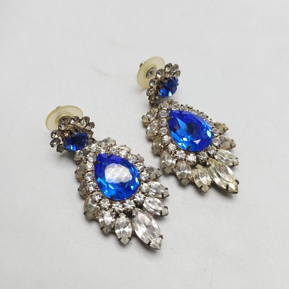 Vintage 1980s Blue Clear Rhinestone Bling Drop Earrings Silver Tone Backing - Picture 3 of 5